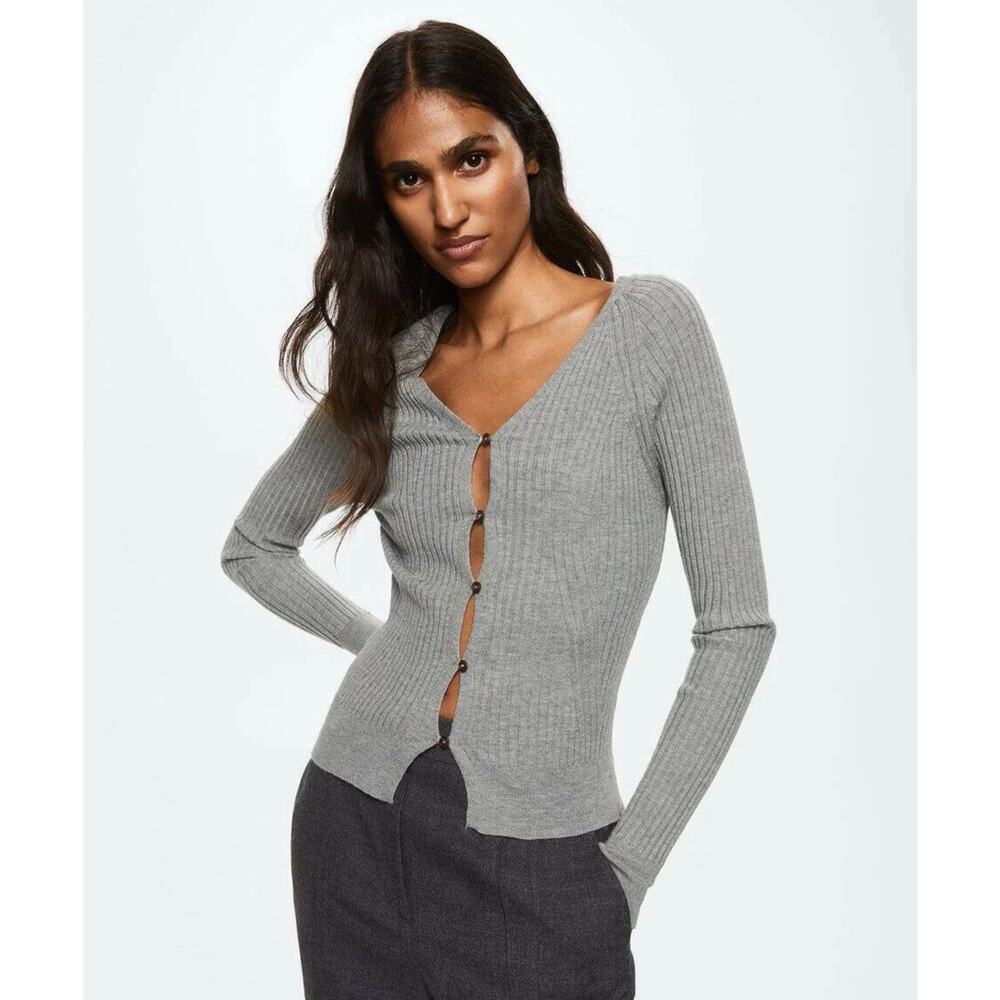 Mango Goleta Cardigan Button Ribbed V-Neck Bodycon Sweater Gray NWT